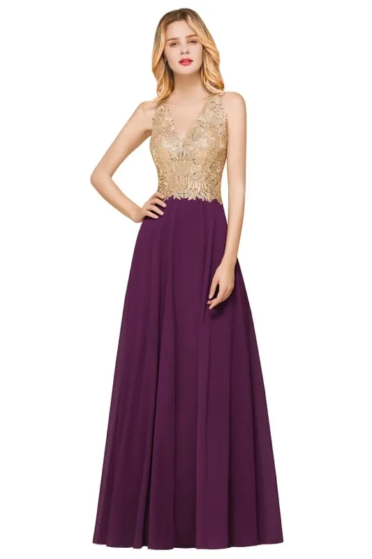 Elegant V-Neck Chiffon Long Evening Dress Sleeveless Gold Appliques Aline Special Occasion Dress
