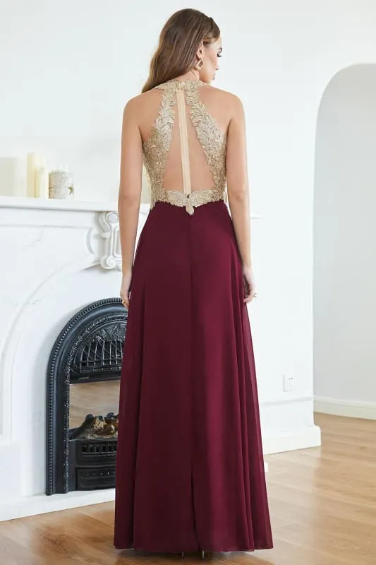 Elegant V-Neck Chiffon Long Evening Dress Sleeveless Gold Appliques Aline Special Occasion Dress