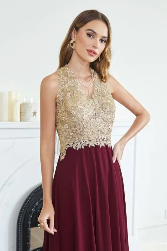 Elegant V-Neck Chiffon Long Evening Dress Sleeveless Gold Appliques Aline Special Occasion Dress