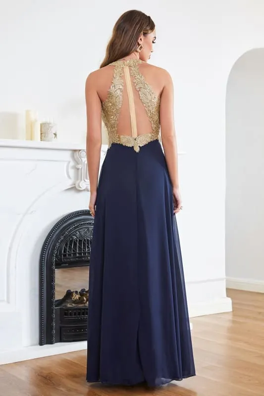 Elegant V-Neck Chiffon Long Evening Dress Sleeveless Gold Appliques Aline Special Occasion Dress