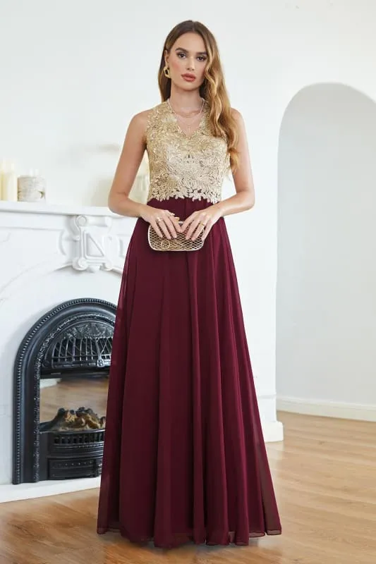 Elegant V-Neck Chiffon Long Evening Dress Sleeveless Gold Appliques Aline Special Occasion Dress
