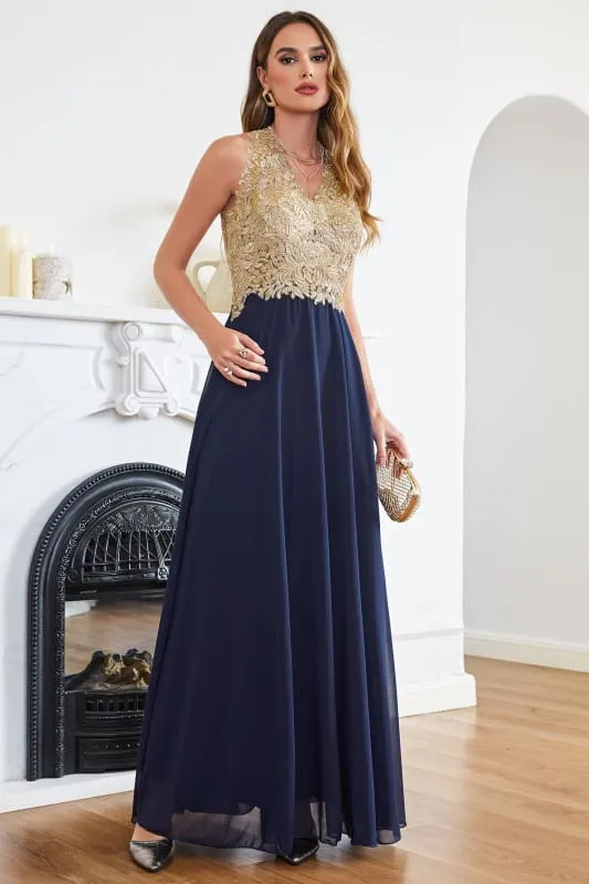Elegant V-Neck Chiffon Long Evening Dress Sleeveless Gold Appliques Aline Special Occasion Dress