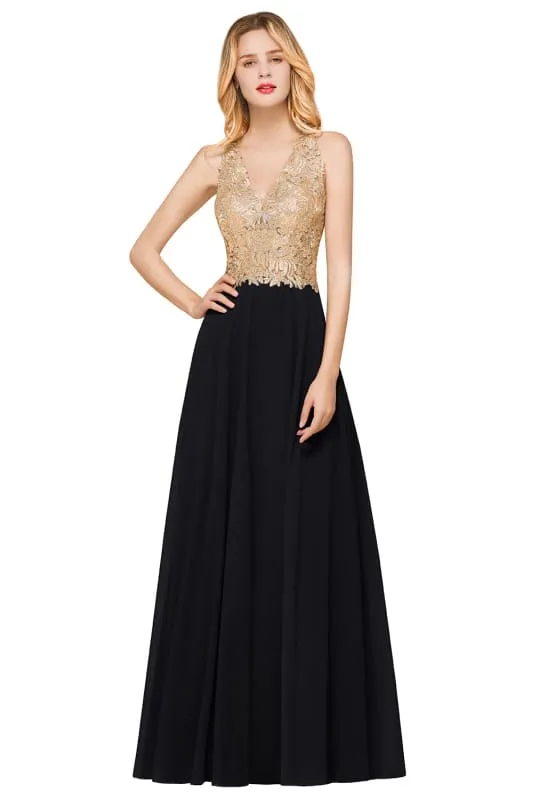Elegant V-Neck Chiffon Long Evening Dress Sleeveless Gold Appliques Aline Special Occasion Dress