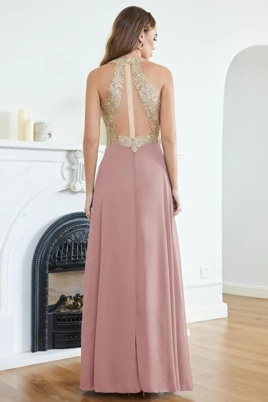 Elegant V-Neck Chiffon Long Evening Dress Sleeveless Gold Appliques Aline Special Occasion Dress