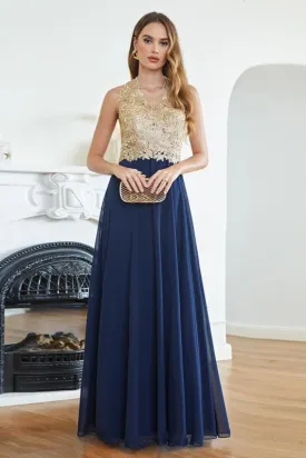 Elegant V-Neck Chiffon Long Evening Dress Sleeveless Gold Appliques Aline Special Occasion Dress