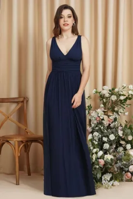 Elegant V-Neck Ruffle Chiffon Aline Bridesmaid Dress Sleeveless Long Evening Party Dress