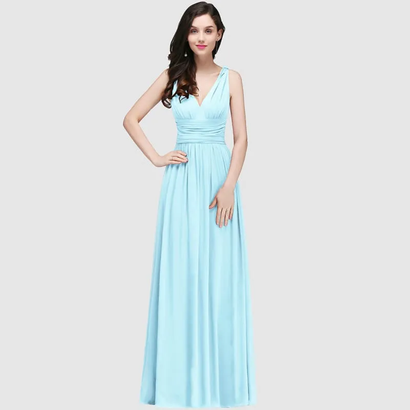 Elegant V-Neck Ruffle Chiffon Aline Bridesmaid Dress Sleeveless Long Evening Party Dress