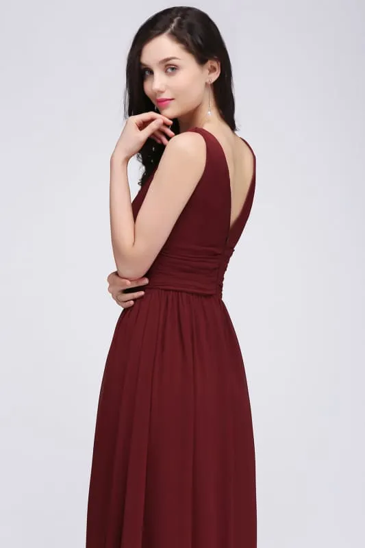 Elegant V-Neck Ruffle Chiffon Aline Bridesmaid Dress Sleeveless Long Evening Party Dress