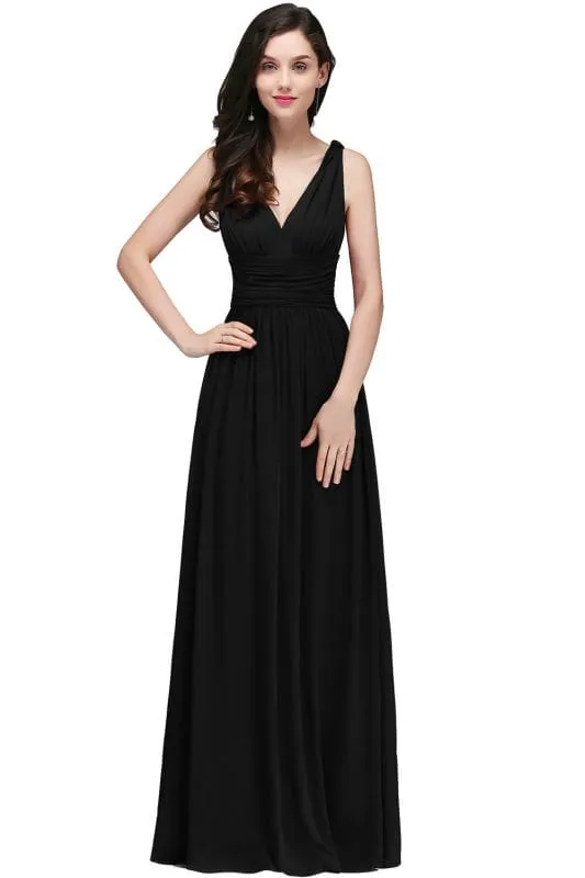 Elegant V-Neck Ruffle Chiffon Aline Bridesmaid Dress Sleeveless Long Evening Party Dress