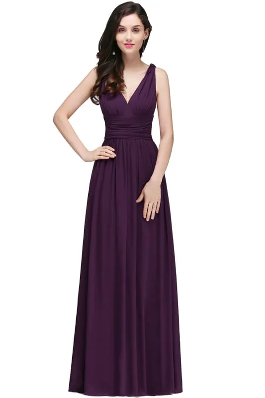 Elegant V-Neck Ruffle Chiffon Aline Bridesmaid Dress Sleeveless Long Evening Party Dress