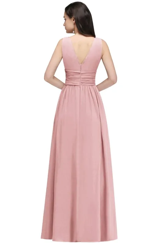 Elegant V-Neck Ruffle Chiffon Aline Bridesmaid Dress Sleeveless Long Evening Party Dress