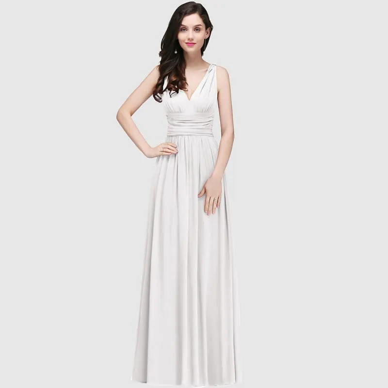 Elegant V-Neck Ruffle Chiffon Aline Bridesmaid Dress Sleeveless Long Evening Party Dress