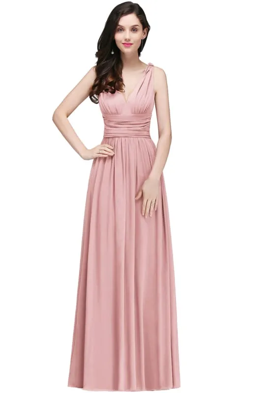 Elegant V-Neck Ruffle Chiffon Aline Bridesmaid Dress Sleeveless Long Evening Party Dress