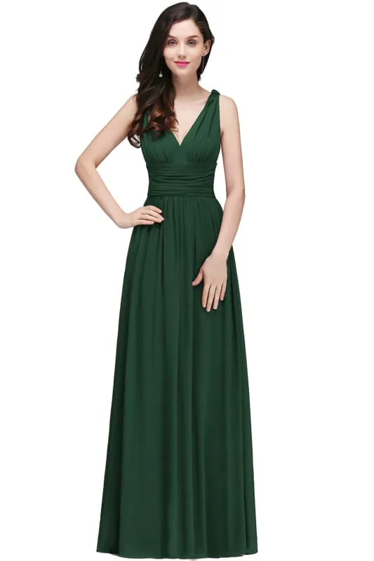 Elegant V-Neck Ruffle Chiffon Aline Bridesmaid Dress Sleeveless Long Evening Party Dress