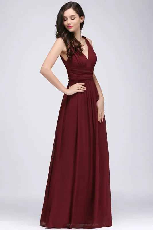 Elegant V-Neck Ruffle Chiffon Aline Bridesmaid Dress Sleeveless Long Evening Party Dress