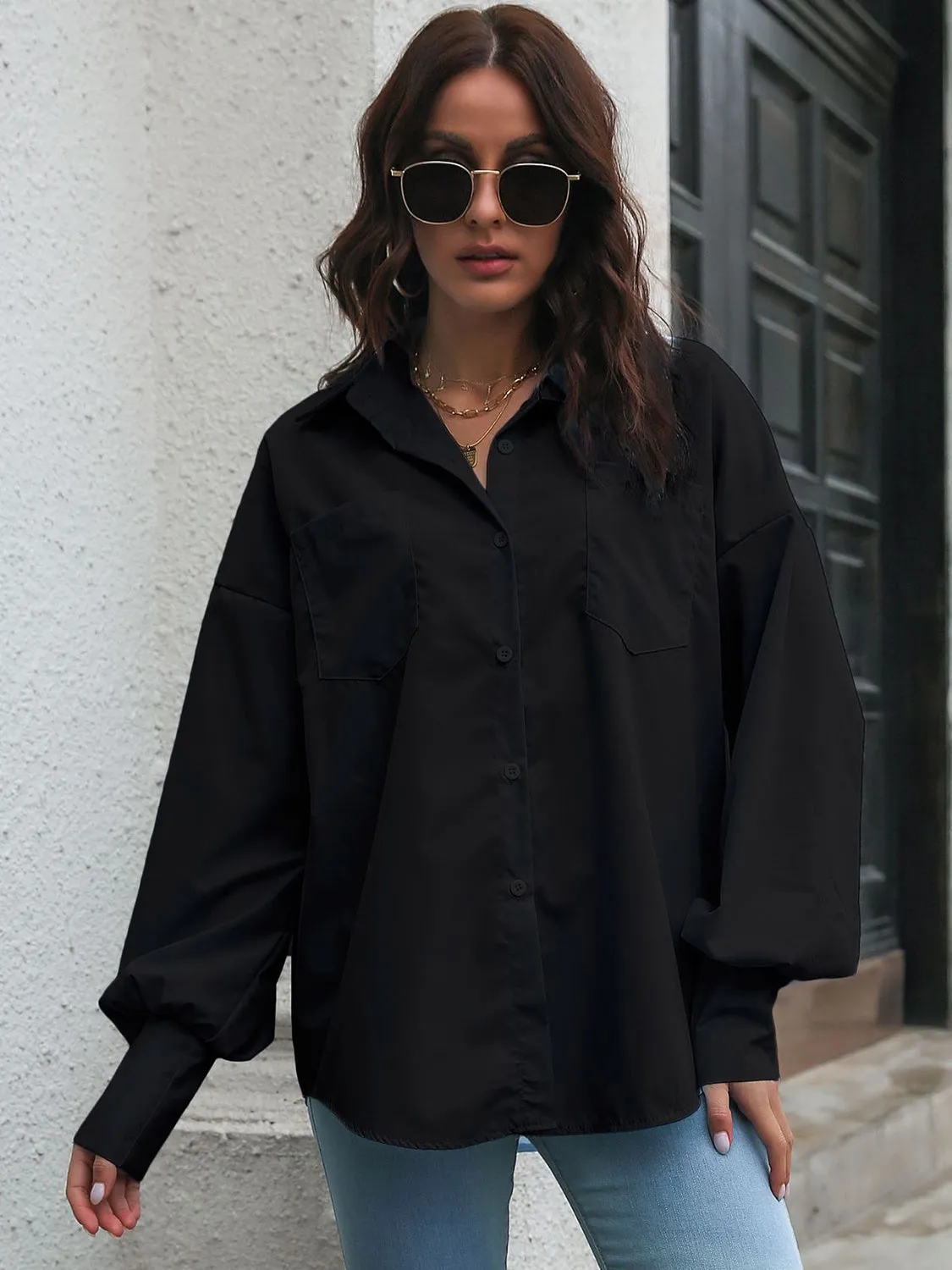 Explore More Collection - Button Up Dropped Shoulder Lantern Sleeve Shirt