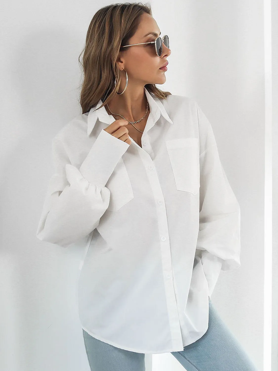 Explore More Collection - Button Up Dropped Shoulder Lantern Sleeve Shirt