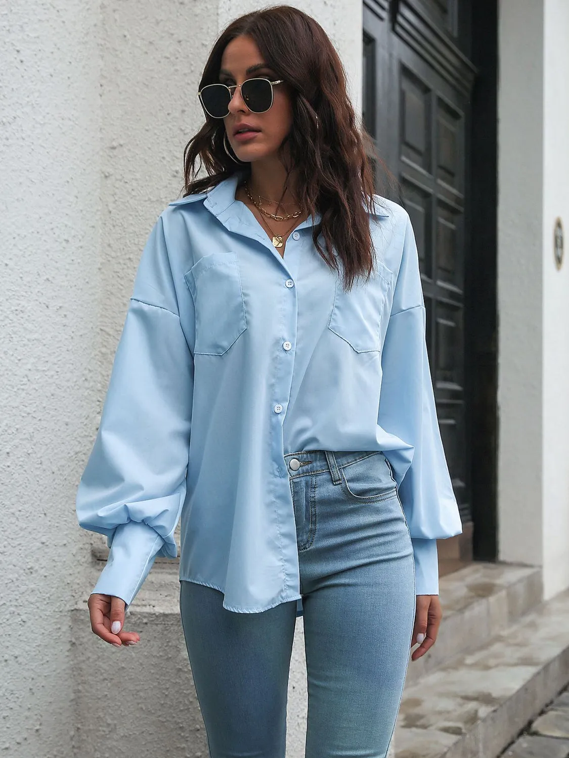 Explore More Collection - Button Up Dropped Shoulder Lantern Sleeve Shirt