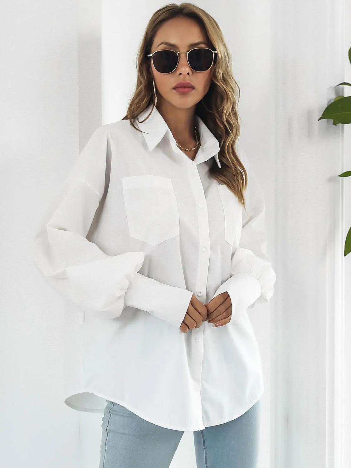 Explore More Collection - Button Up Dropped Shoulder Lantern Sleeve Shirt