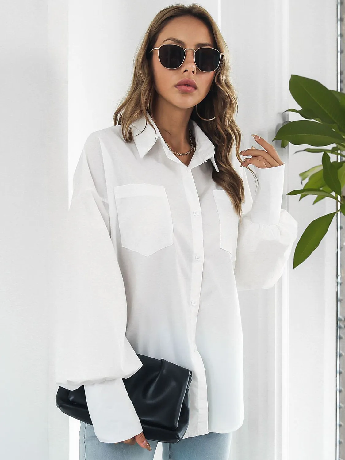 Explore More Collection - Button Up Dropped Shoulder Lantern Sleeve Shirt