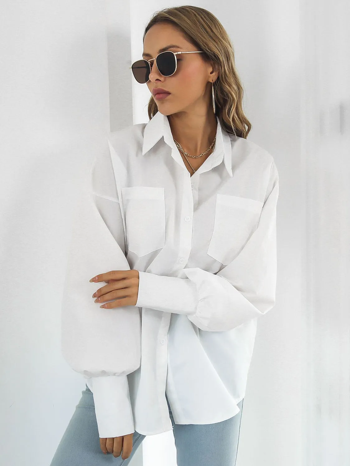 Explore More Collection - Button Up Dropped Shoulder Lantern Sleeve Shirt
