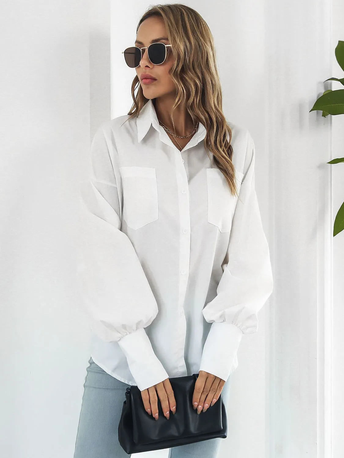 Explore More Collection - Button Up Dropped Shoulder Lantern Sleeve Shirt