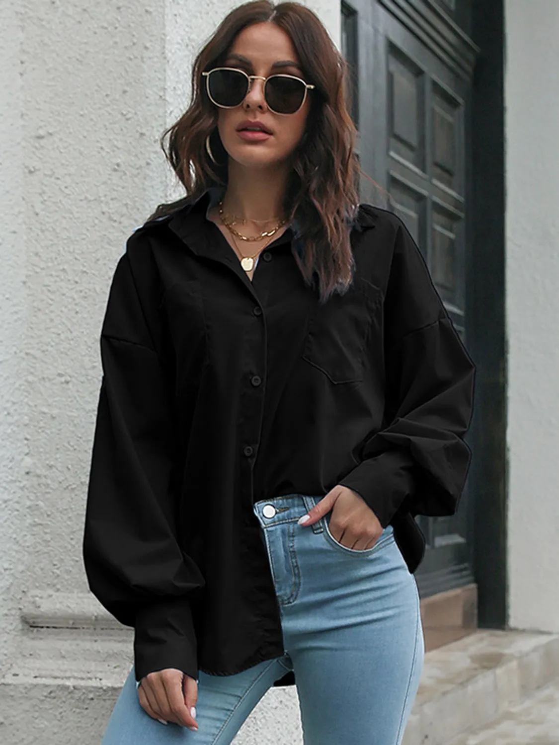 Explore More Collection - Button Up Dropped Shoulder Lantern Sleeve Shirt