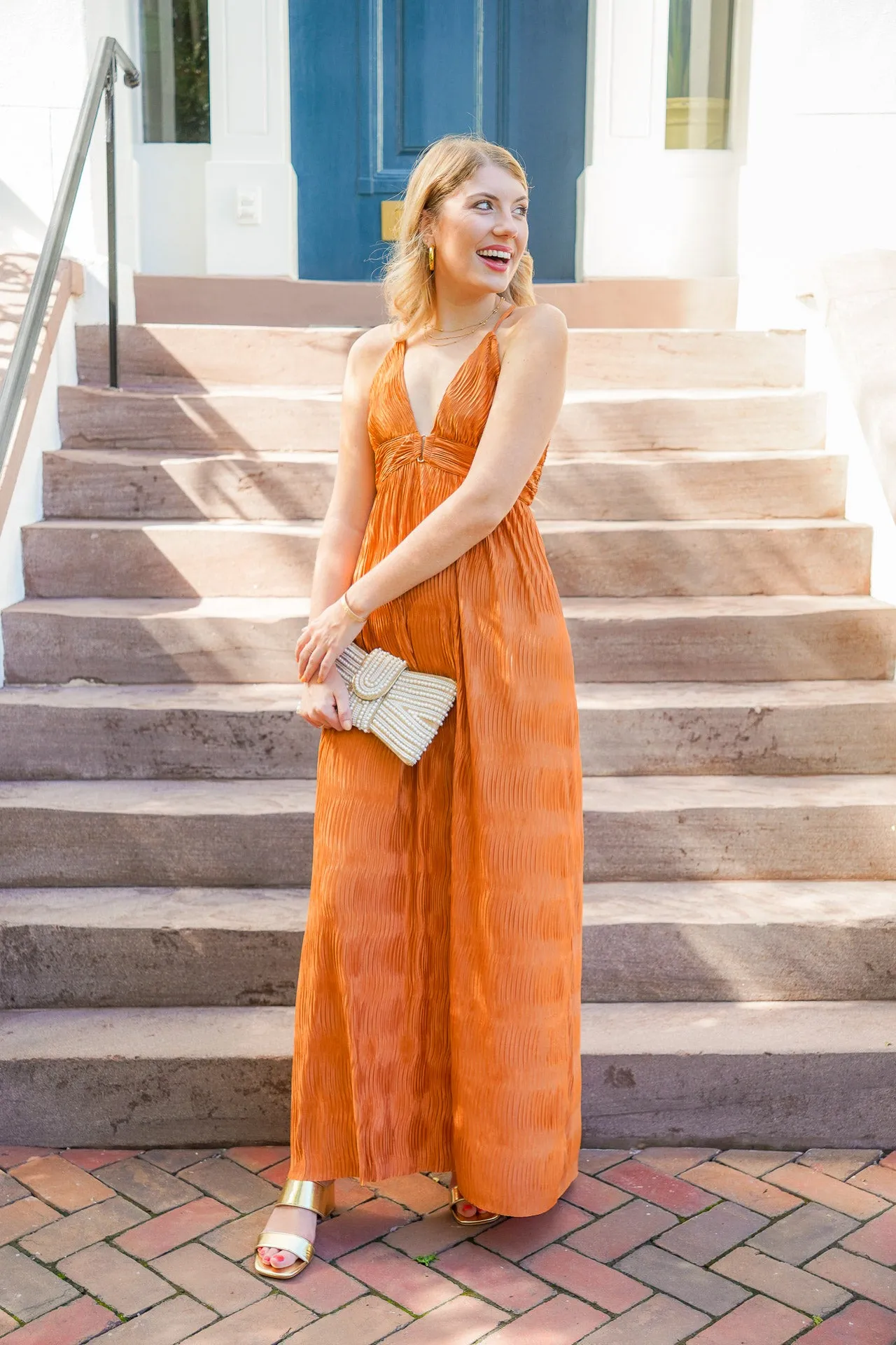 Elegant Finer Things Metallic Bronze Maxi Dress