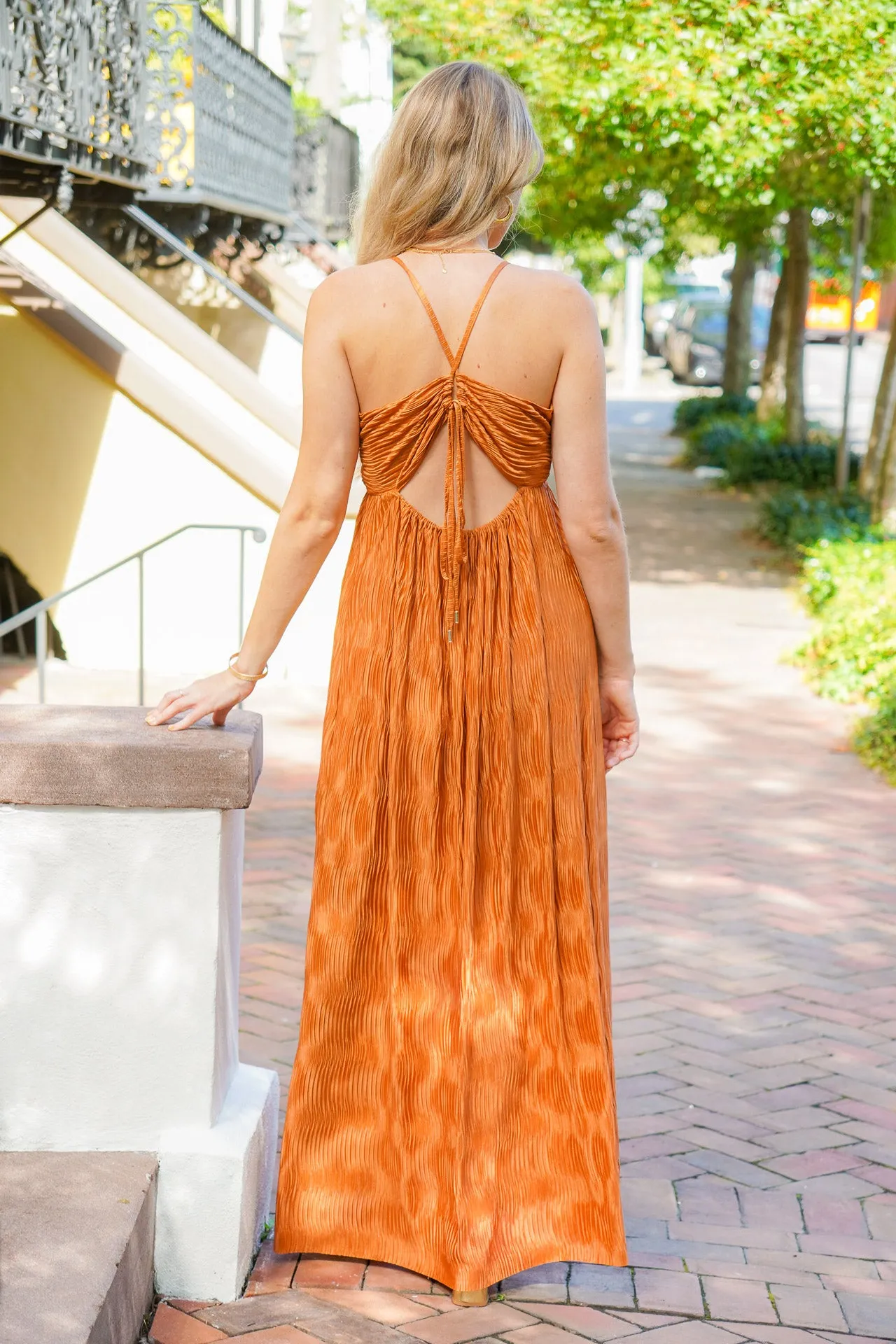 Elegant Finer Things Metallic Bronze Maxi Dress