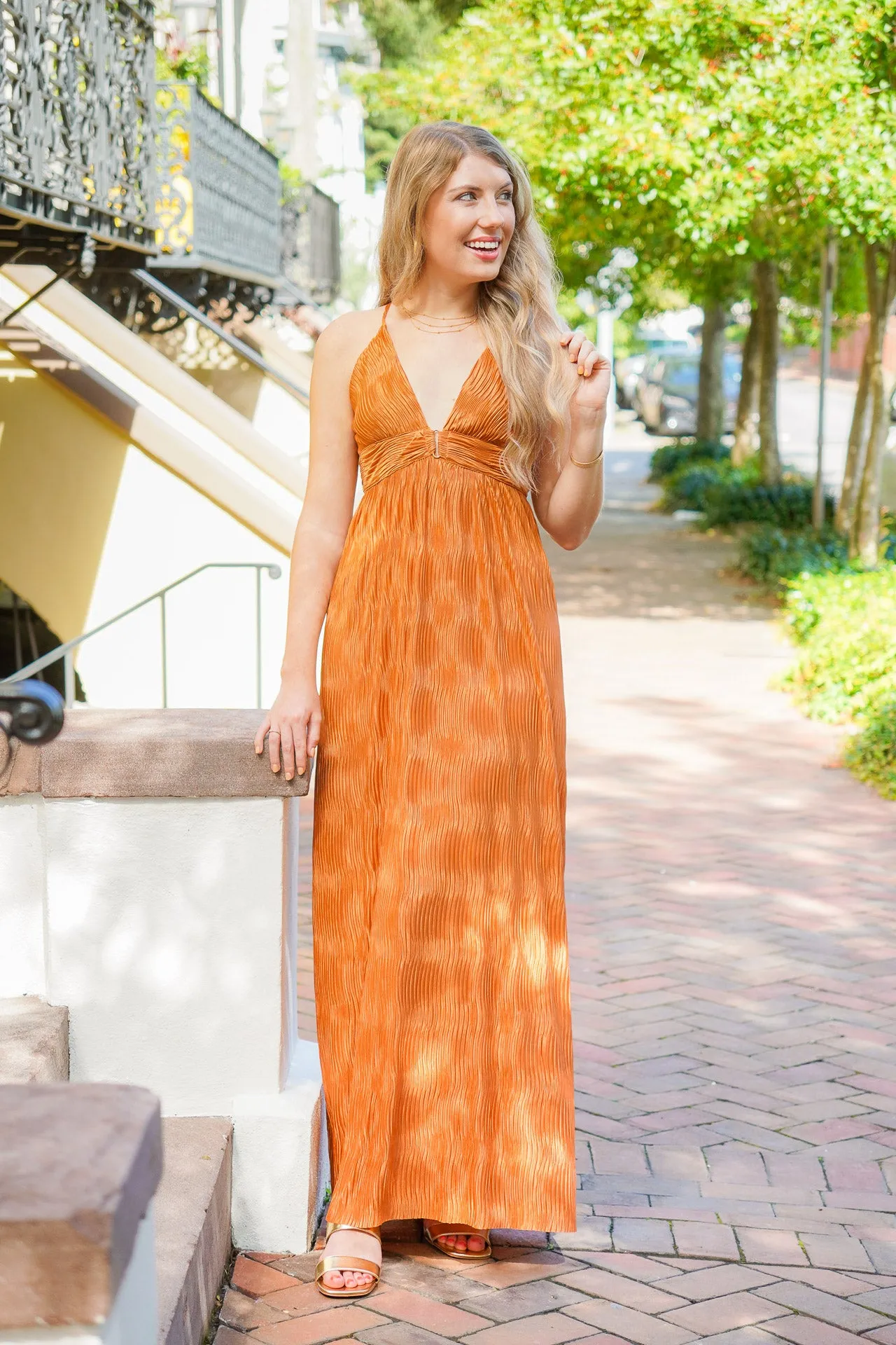 Elegant Finer Things Metallic Bronze Maxi Dress