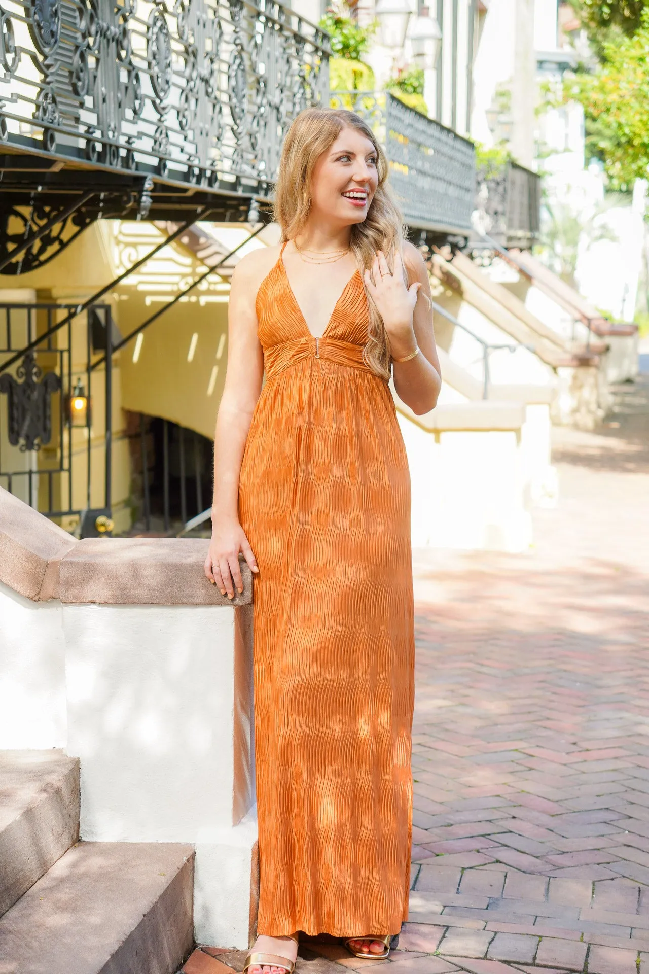 Elegant Finer Things Metallic Bronze Maxi Dress