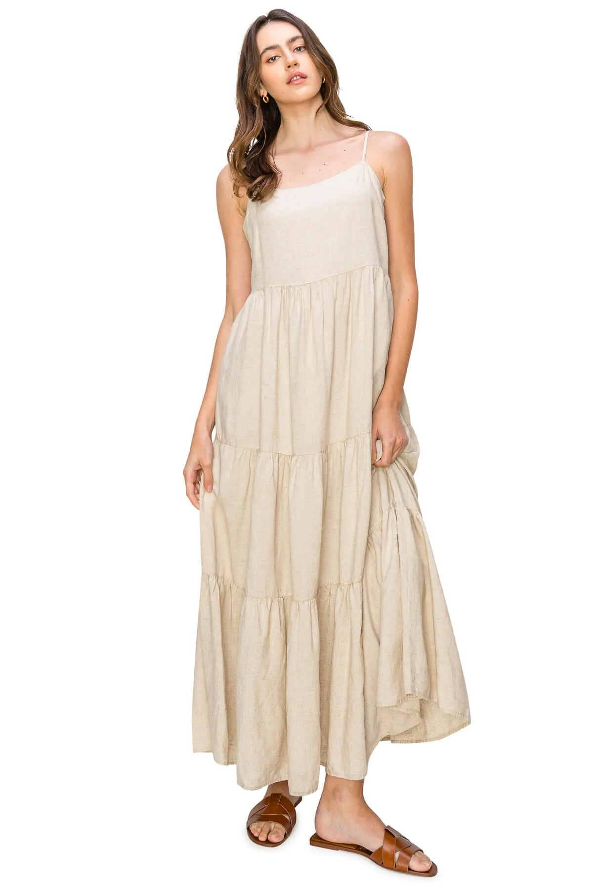 Flowy Tiered Sleeveless Maxi Linen Dress - Oatmeal