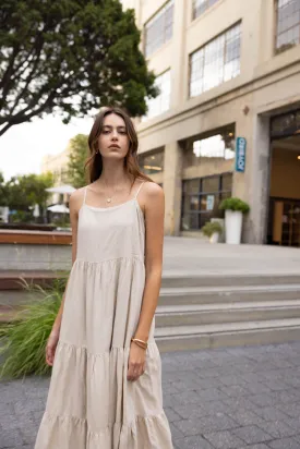 Flowy Tiered Sleeveless Maxi Linen Dress - Oatmeal