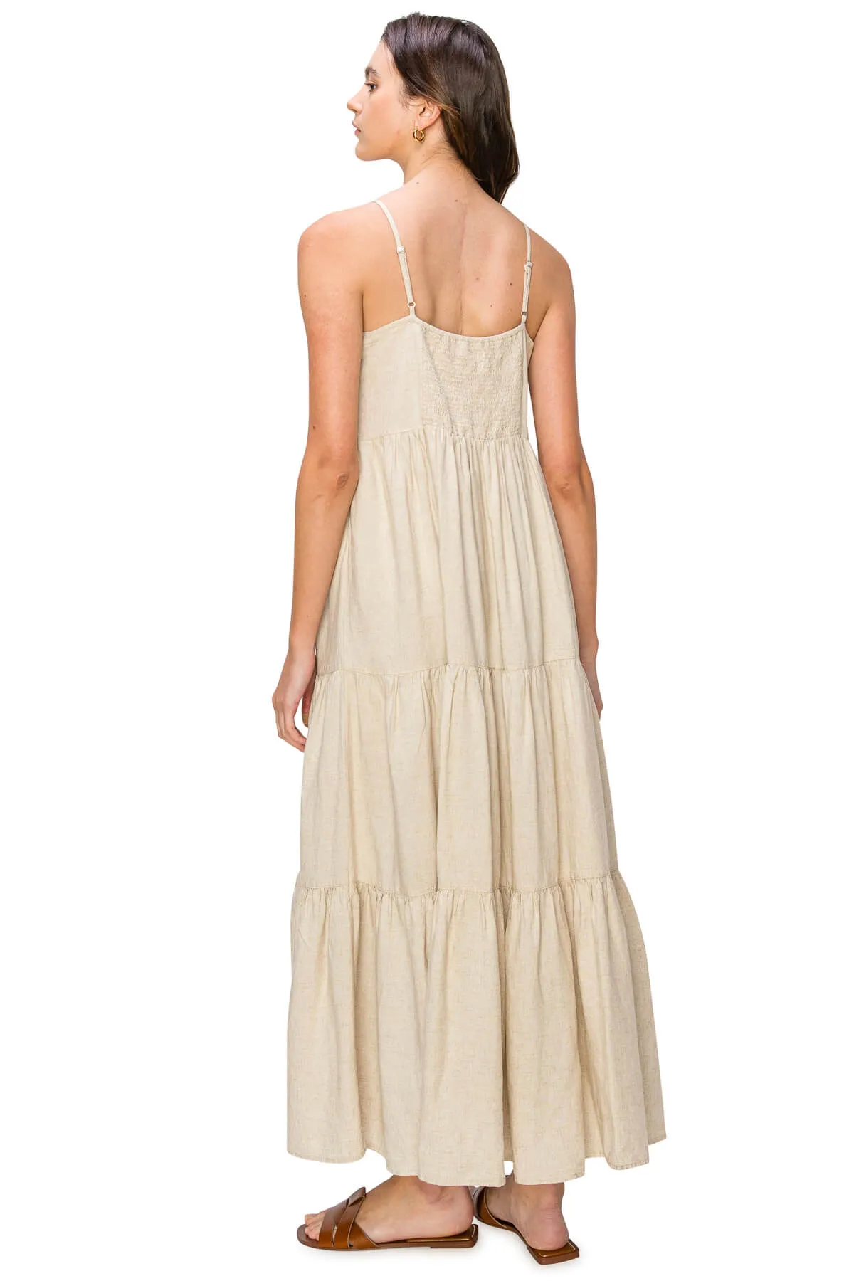 Flowy Tiered Sleeveless Maxi Linen Dress - Oatmeal