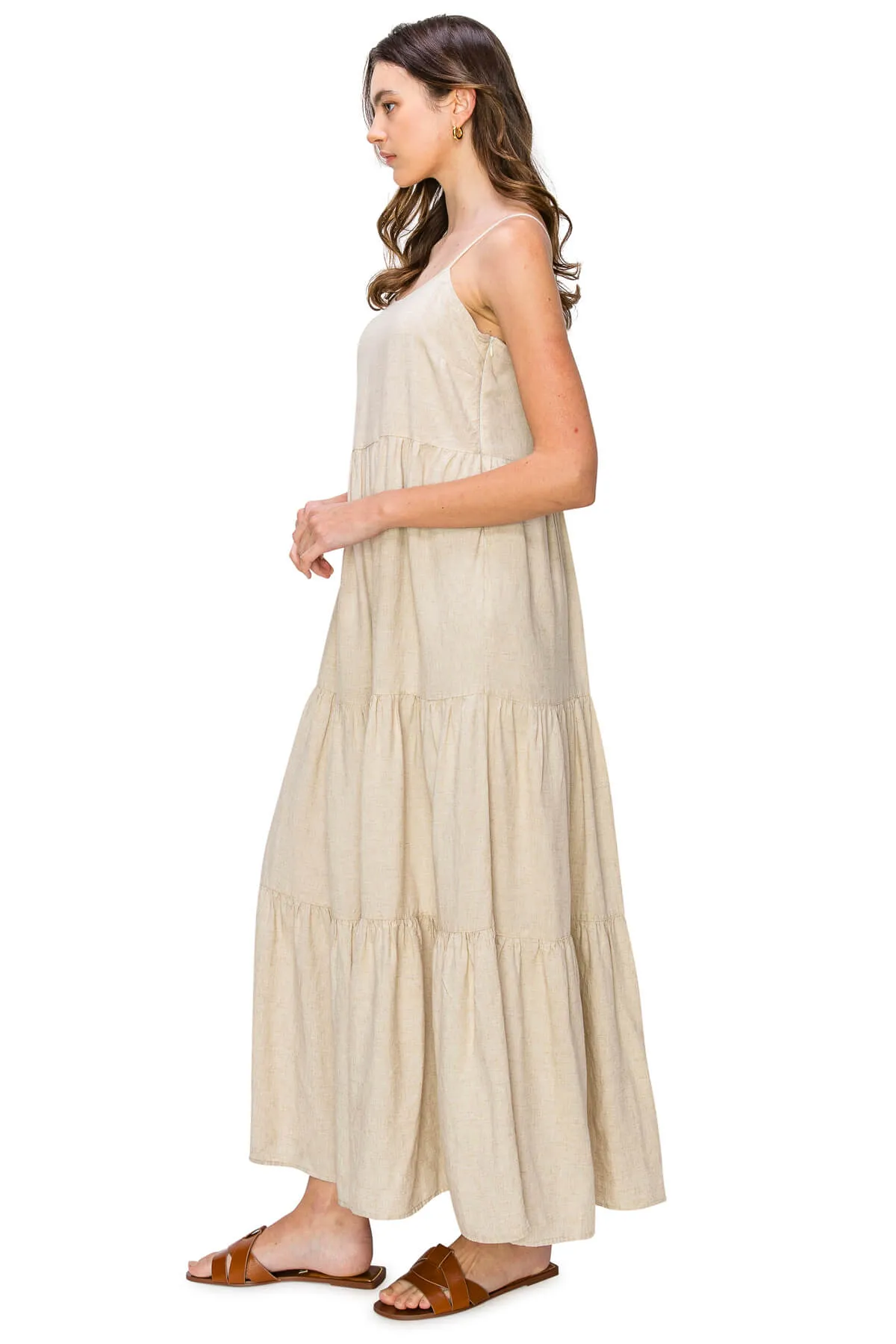 Flowy Tiered Sleeveless Maxi Linen Dress - Oatmeal