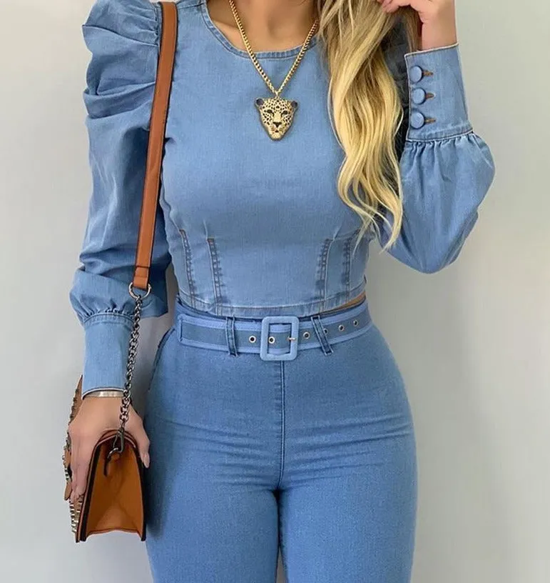 Getadme Denim Shirt Women New Light Blue Long Bubble Sleeve Blouses Skinny Slim Fit Francais Tops Korean Streetwear Blusas Mujer De Moda