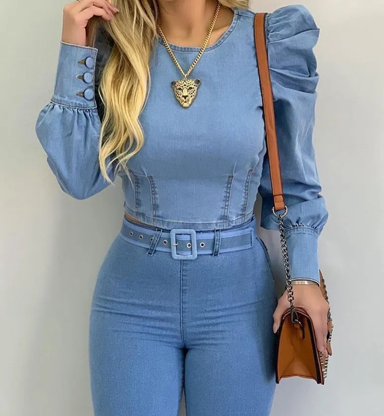 Getadme Denim Shirt Women New Light Blue Long Bubble Sleeve Blouses Skinny Slim Fit Francais Tops Korean Streetwear Blusas Mujer De Moda