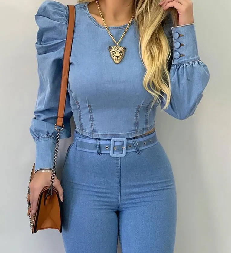 Getadme Denim Shirt Women New Light Blue Long Bubble Sleeve Blouses Skinny Slim Fit Francais Tops Korean Streetwear Blusas Mujer De Moda