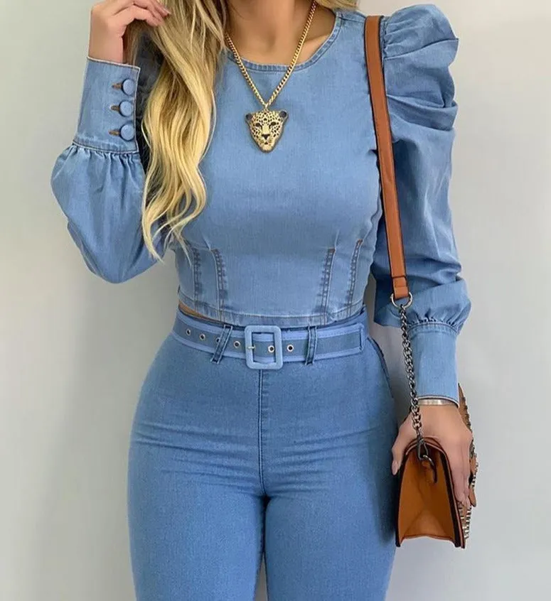 Getadme Denim Shirt Women New Light Blue Long Bubble Sleeve Blouses Skinny Slim Fit Francais Tops Korean Streetwear Blusas Mujer De Moda