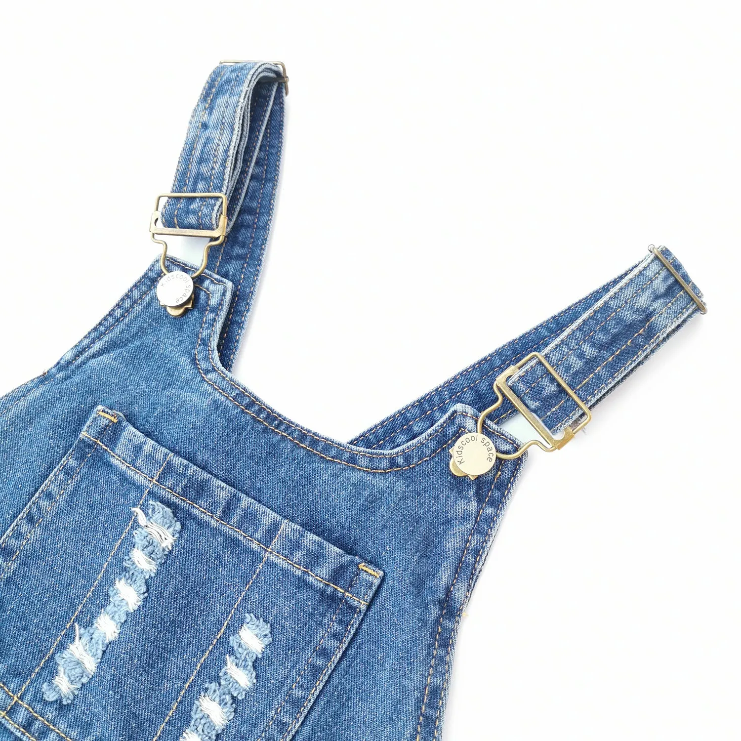 Girls Straight Lined Ripped Big Pockets Overalls