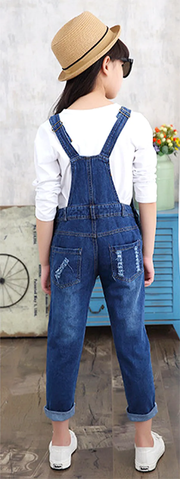 Girls Straight Lined Ripped Big Pockets Overalls