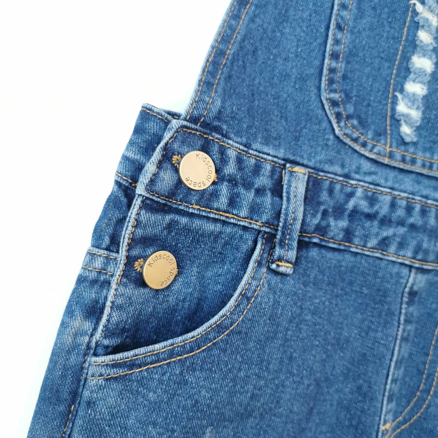 Girls Straight Lined Ripped Big Pockets Overalls