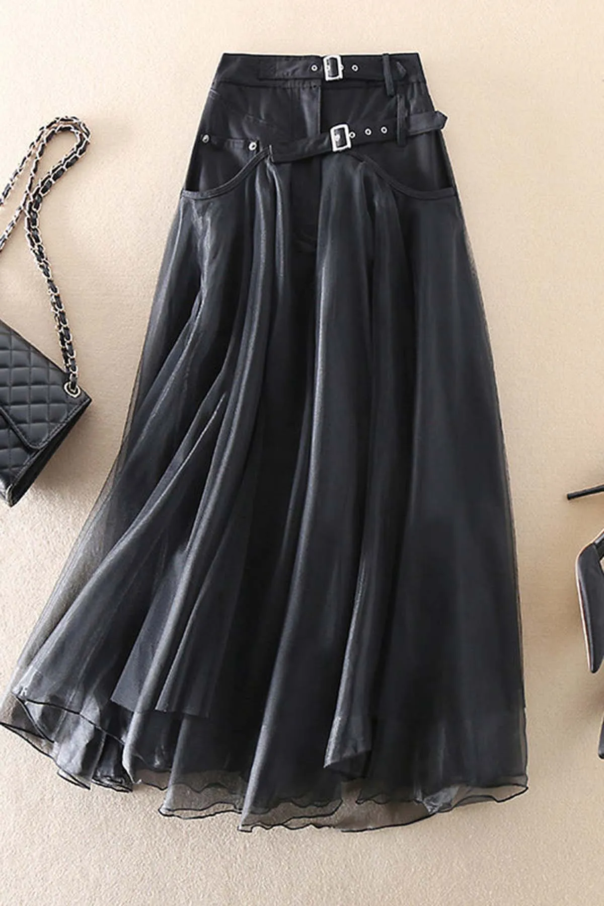 Grey Fashion Patchwork Tulle Skirts Spring