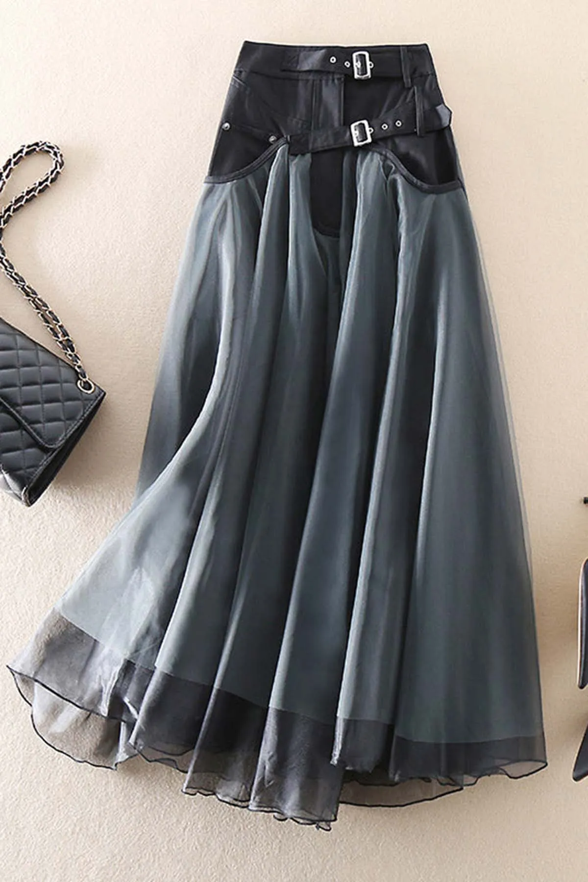 Grey Fashion Patchwork Tulle Skirts Spring