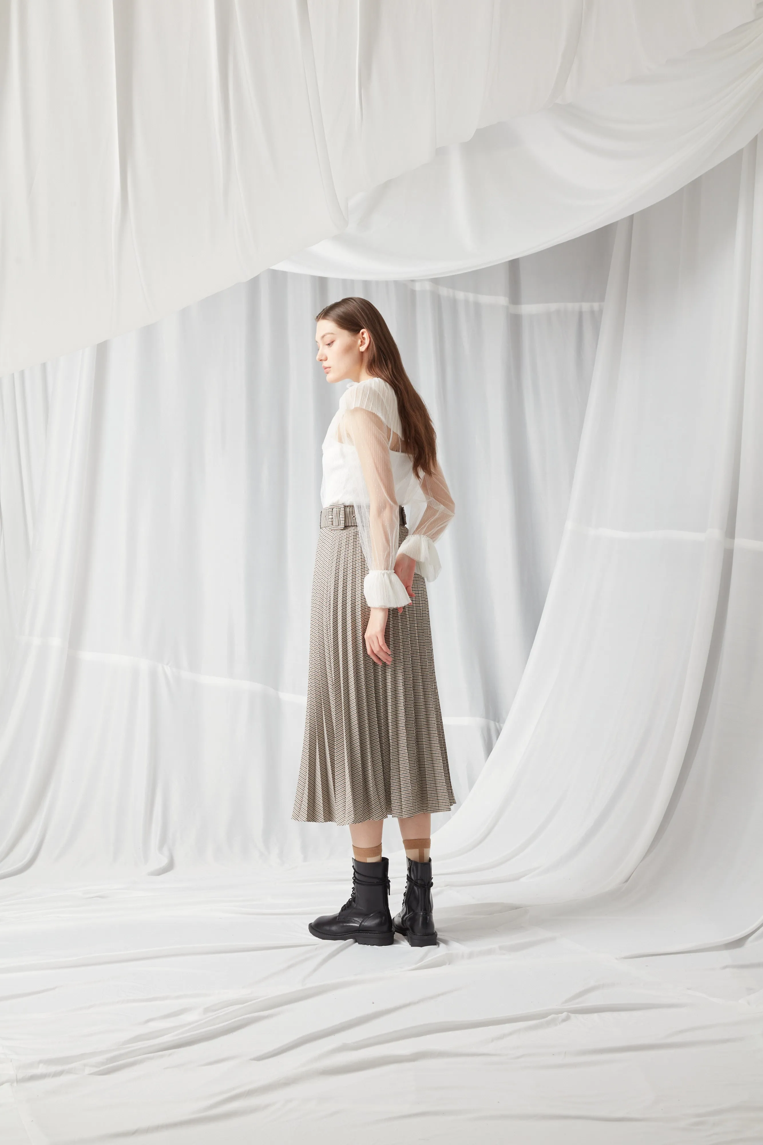 Houndstooth Belted Pleated Maxi Skirt