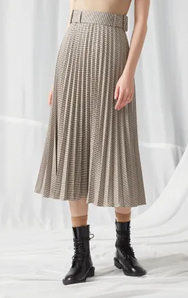 Houndstooth Belted Pleated Maxi Skirt