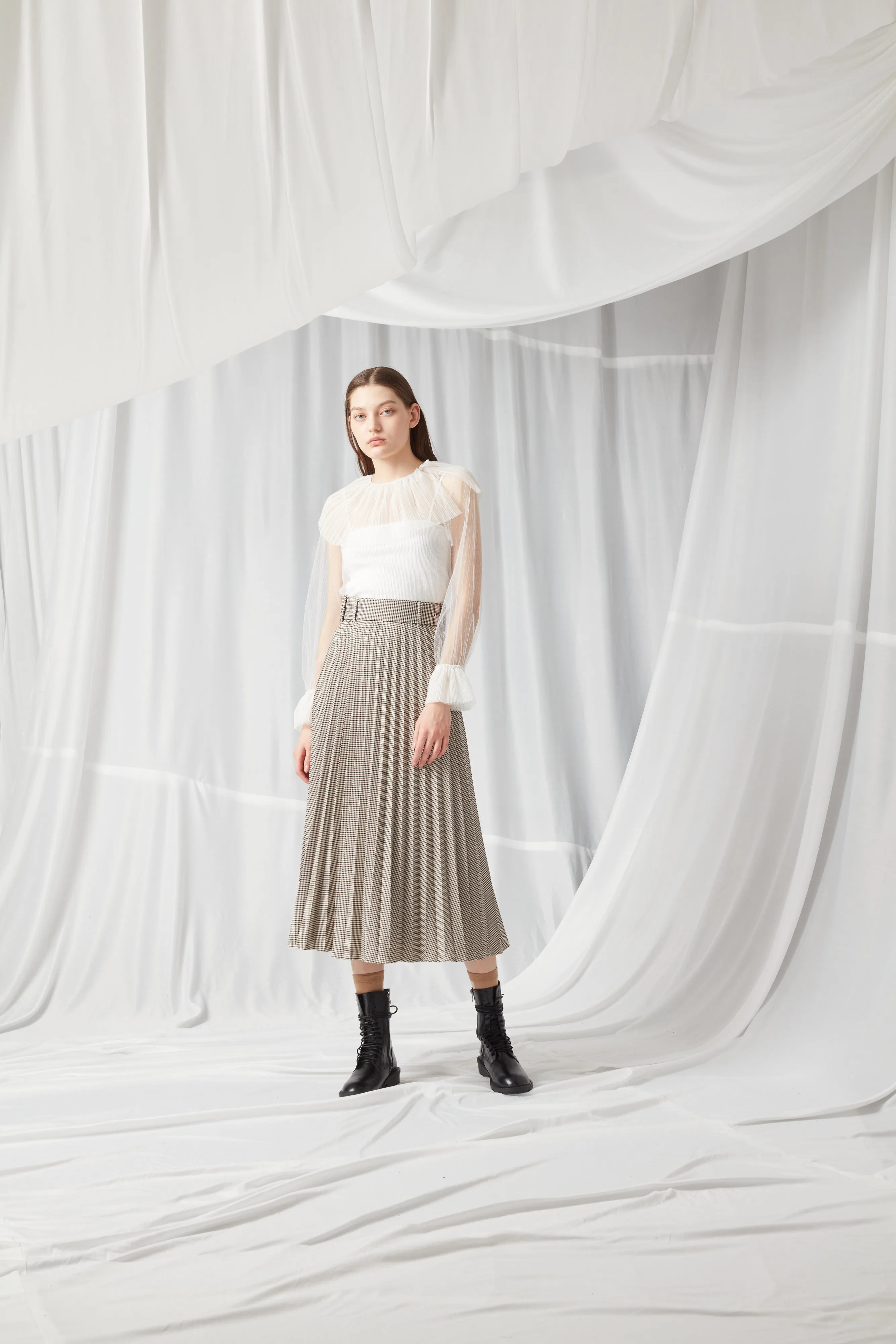 Houndstooth Belted Pleated Maxi Skirt
