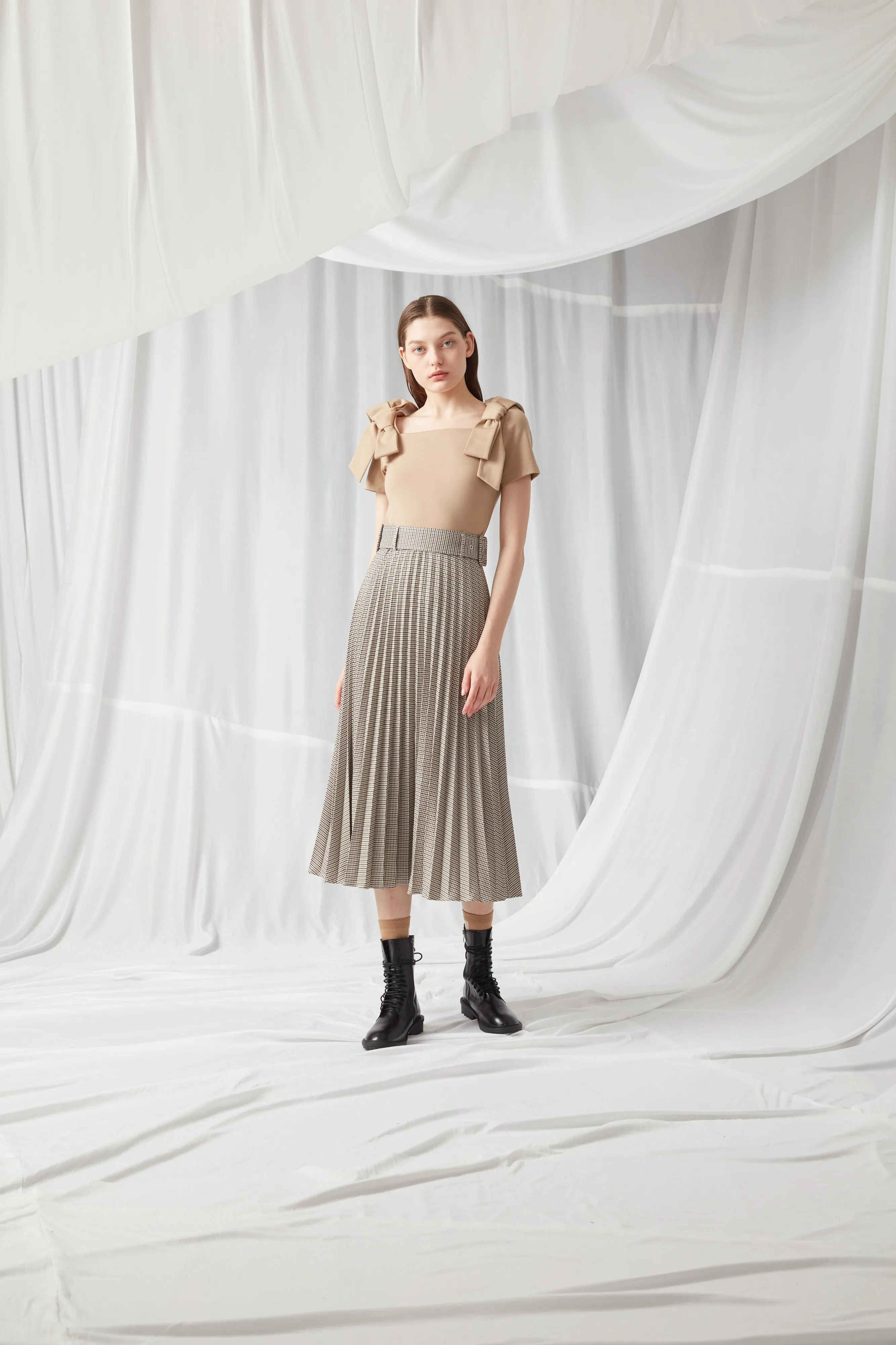 Houndstooth Belted Pleated Maxi Skirt