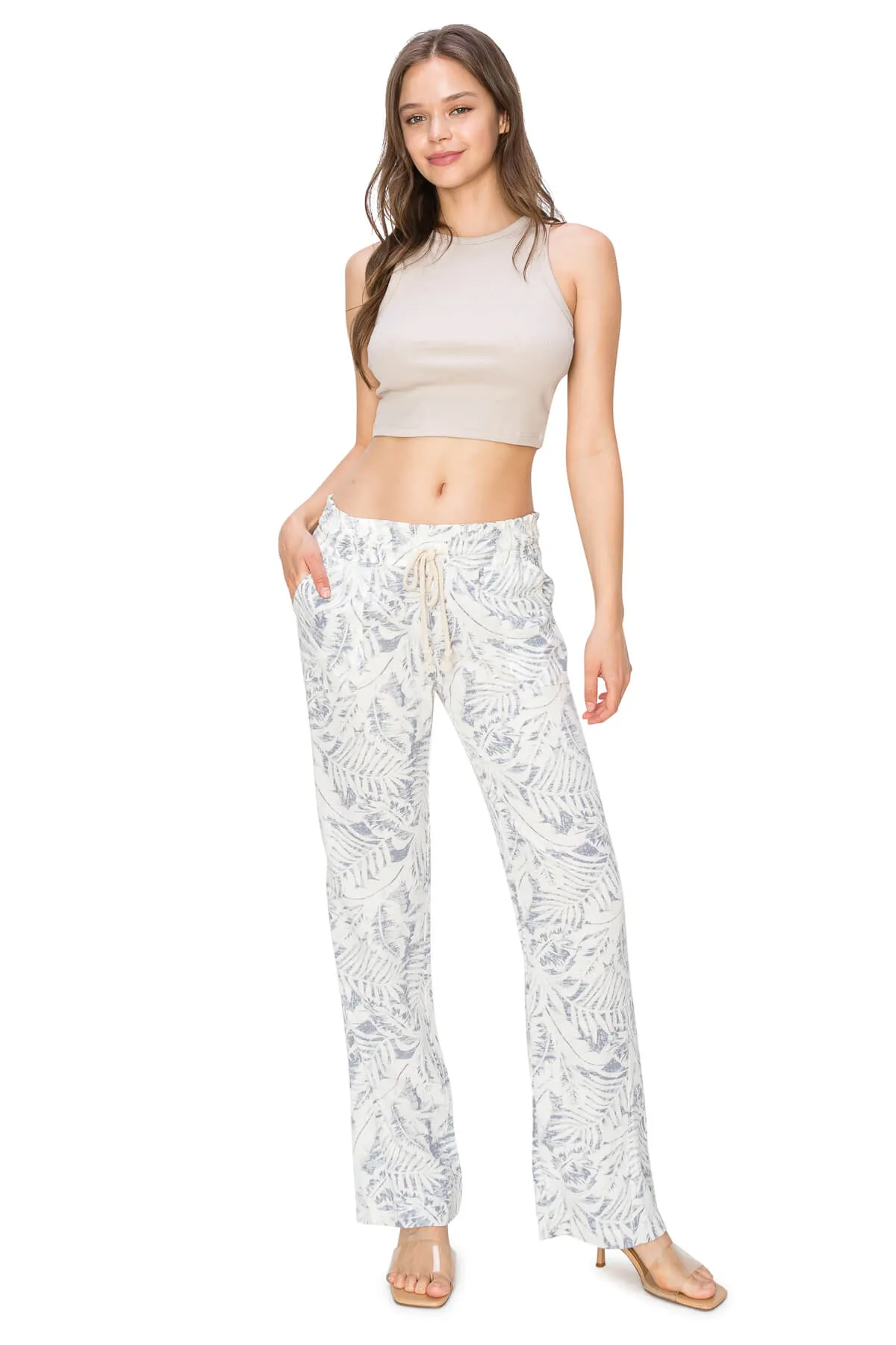 Linen Pants Drawstring Smocked Waist Beach Pants - White Grey