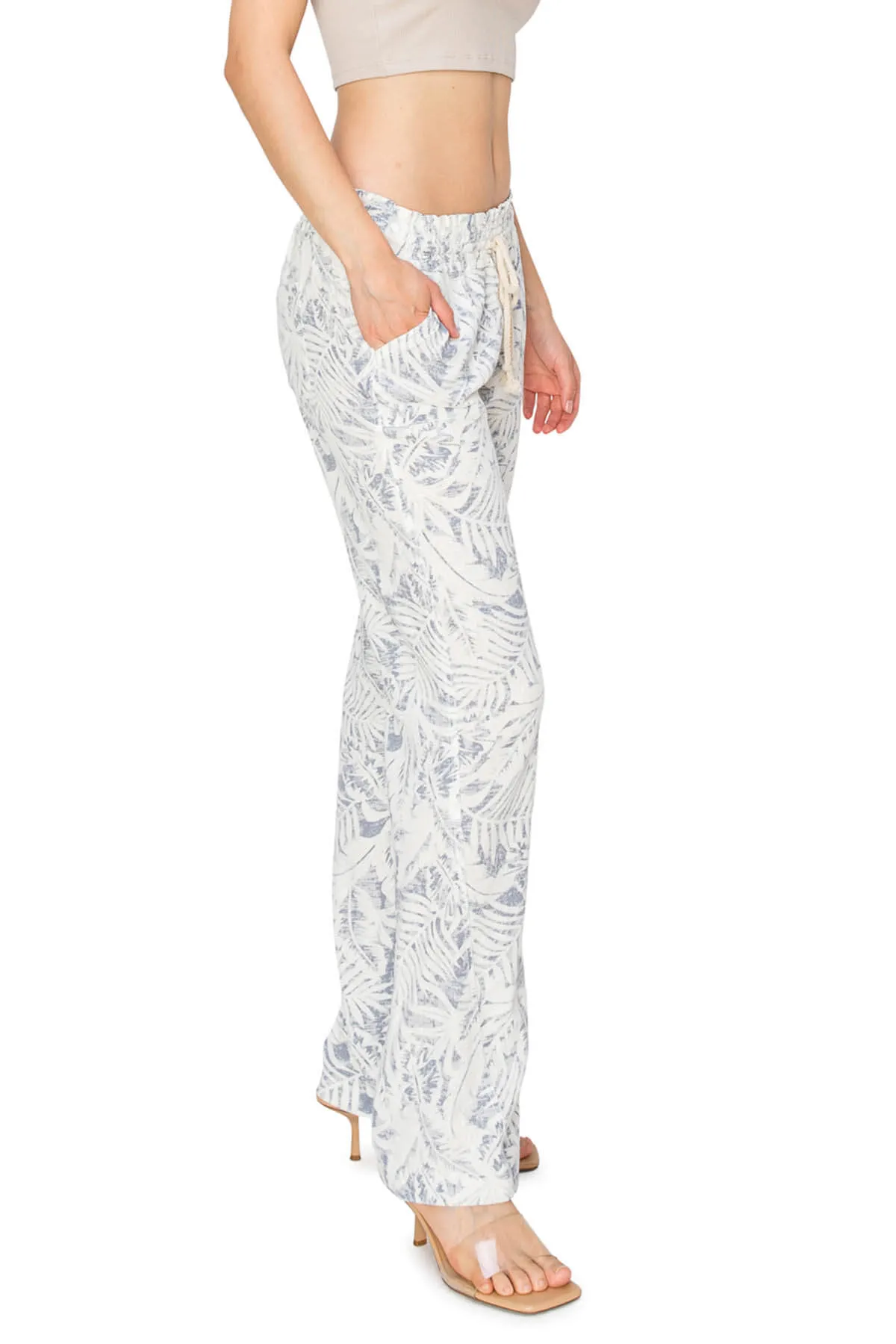Linen Pants Drawstring Smocked Waist Beach Pants - White Grey